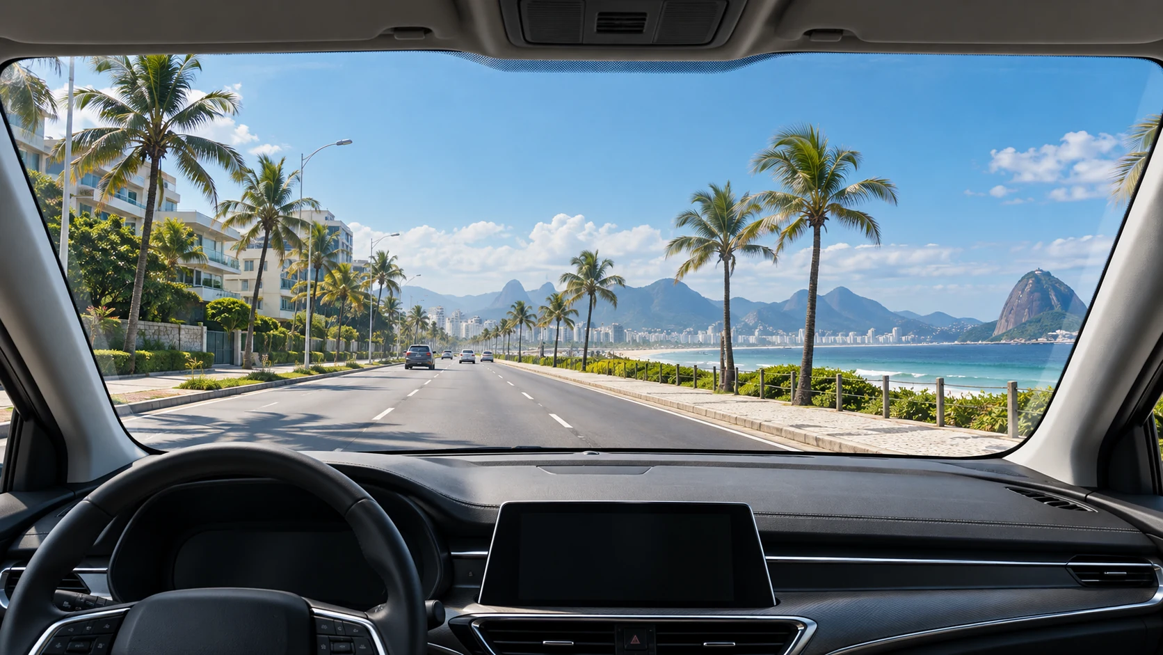 Renderização do interior de um carro, com painel e vista de uma avenida litorânea pelo para-brisa